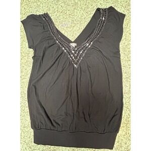VTG Y2K Studio Y Black V Neck Sequined Womens Short Sleeve Top Size Small
